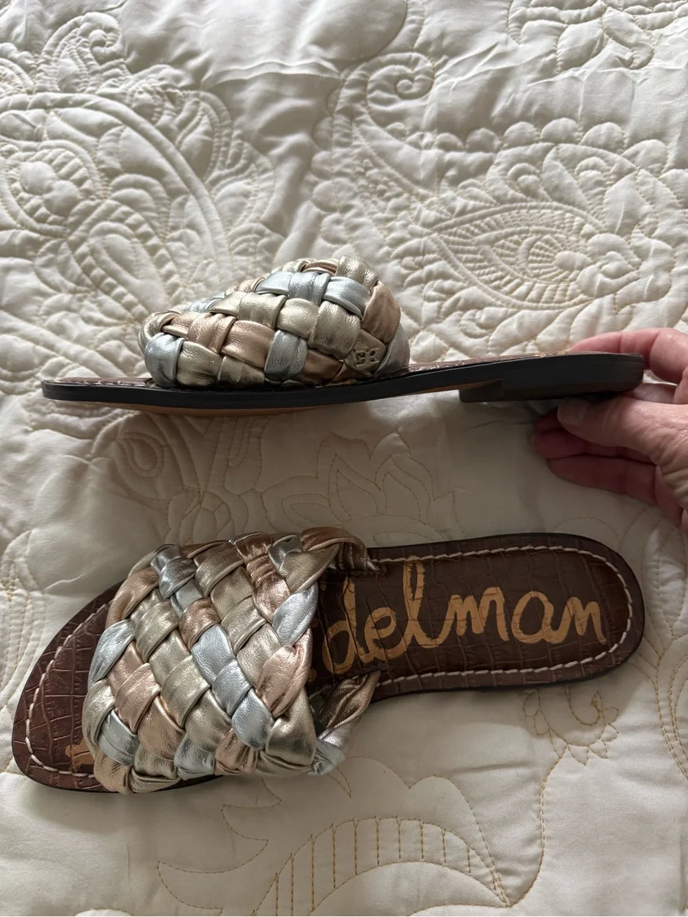 Sam Edelman Braided Metallic Slide Sandals - Silver & Rose Gold